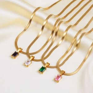 Rectangle Crystal Pendant Necklace Stainless Steel Gold Plated Herringbone Snake Chain Geometric Jewelry For Women