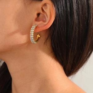Elegant C-shaped hoop earrings with gold plating and cubic zirconia for women