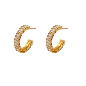 Elegant gold-plated C-shaped earrings with rectangular cubic zirconia in a symmetrical layout
