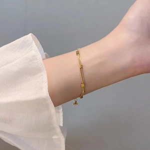 Elegant 18K gold-plated double-layer snake chain bracelet with square beads for women
