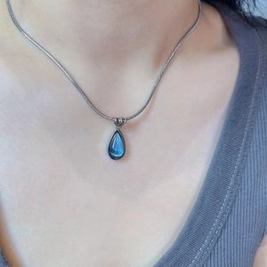 French vintage waterdrop pendant necklace with blue moonstone on a silver chain
