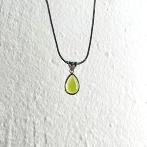 French vintage olive green teardrop pendant necklace with silver snake chain for women
