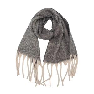 Thick grey and brown boucle jacquard plaid scarf with off-white long fringe detail
