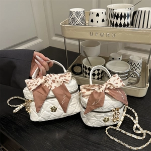 Women Quilted PU Leather Mini Square Crossbody Bag With Silk Scarf Bow Decoration Gold Camellia Metal Badge Chain Strap Handbag