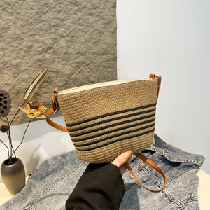 Woven Straw Bucket Crossbody Bag For Women French Style Striped Summer Beach Purse With Adjustable PU Leather Strap