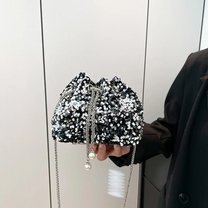 Sequin Bucket Bag Women Shiny Drawstring Evening Party Handbag With Silver Chain Artificial Pearl Decor Fashion