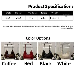 Detailed size chart for retro patent leather underarm bags in brown, red, black and white
