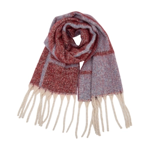 Plaid boucle scarf in red and blue blend with soft fringe details for winter warmth