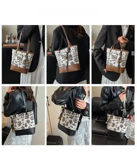 Collage of model showcasing large canvas bucket bag with Chinese landscape print and tassel