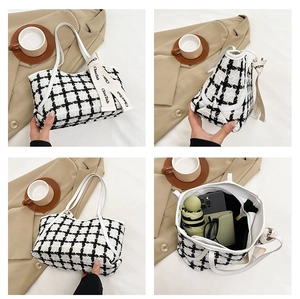 Détails du sac cabas en tweed à carreaux montrant les textures et l'espace interne