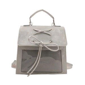 Minimalist light grey mini backpack with decorative bow and mesh transparent window