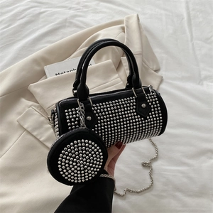 Women Black Rivet Boston Bag Trendy Cylinder Handbag With Silver Rhinestone Round Coin Purse Metal Chain Strap
