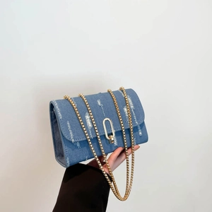 Women Denim PU Splicing Shoulder Bag Vintage Distressed Small Square Bag Gold Chain Strap Casual Crossbody Bag