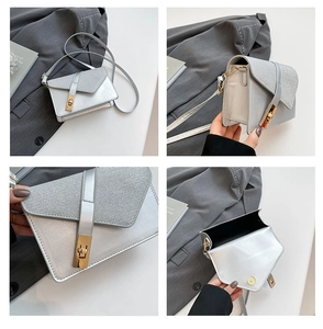 Silver glitter crossbody bag with geometric flap and gold metal twist lock detail