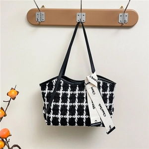 Sac Fourre-Tout En Tweed À Carreaux Pour Femmes Grande Capacité Sac À Main Avec Bordure En Similicuir Et Ruban