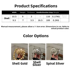 Size chart showing conch and shell mini bags dimensions with metallic finish details