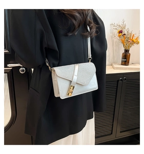 Detail view of silver sequin flap and gold buckle on a vintage minimalist crossbody bag