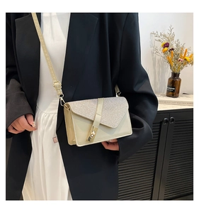 Detail of glitter flap texture and gold twist lock on off-white crossbody square bag