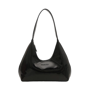 Glossy black patent leather hobo underarm bag with shoulder strap and mirror-like finish