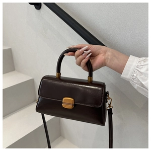 Detail of dark brown glossy leather handbag with gold buckle on white staircase