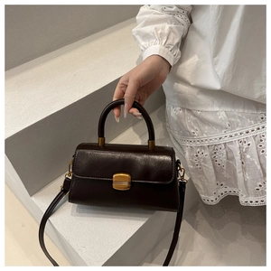 Detail of a dark brown retro crossbody bag with golden buckle and textured finish