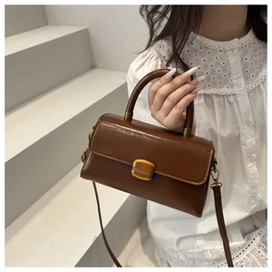 Brown vintage faux leather crossbody bag with gold buckle held by a model on steps