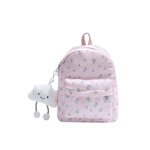 Pink floral backpack with blue flower pattern and cute cloud plush keychain for students