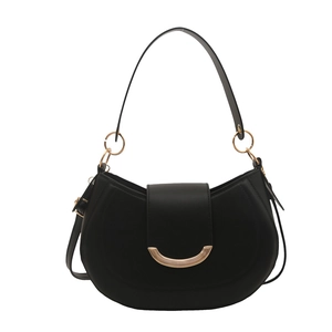 Classic black crescent saddle bag with gold metal buckle and matte leather finish