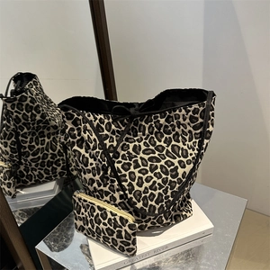 Korean Style Leopard Print Canvas Tote Bag For Women With Matching Pouch Fashion Drawstring Large Capacity Shoulder Bag
