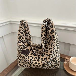 Stylish large capacity leopard print corduroy tote bag with adjustable shoulder strap
