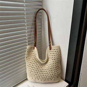 Borsa Tote Intrecciata Traforata all'Uncinetto da Donna Grande Capacità Spiaggia Vacanza Spalla Cinghie in Pelle Bohemien