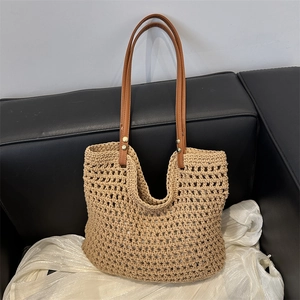 Sac Cabas pour Femmes Tissé à la Main au Crochet en Coton Grande Capacité Ajouré Bohème Sac à Épaule Avec Bandoulière en Cuir