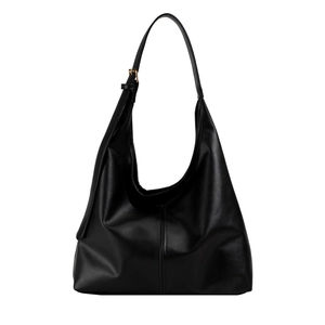 Large black PU leather hobo tote bag with adjustable shoulder strap and gold buckle