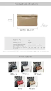Detailed chart showing woven texture PU leather crossbody bag dimensions and colors