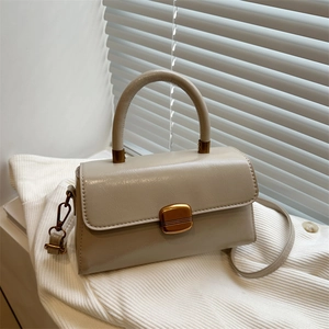 Minimalist beige crossbody handbag with top handle and vintage gold buckle in soft light