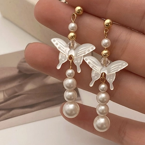 Butterfly Shell Imitation Artificial Pearl Dangle Earrings With 925 Sterling Silver Earring Post Vintage Long Drop For Women