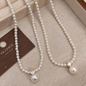 French Retro Elegant Artificial Pearl Pendant Necklace For Women With Zircon Copper Chain 14k Gold Plated Delicate Jewelry