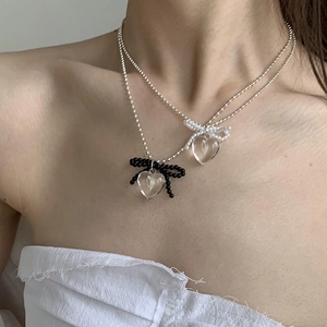 Transparent Heart Pendant Necklace Beaded Ribbon Bow Alloy Silver Ball Chain Double Layer Korean Ins Style Women Jewelry