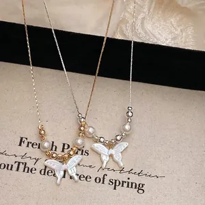 Butterfly Pendant Necklace With Shell And Faux Artificial Pearl Gold Plated Delicate Clavicle Chain For Women Elegant Jewelry