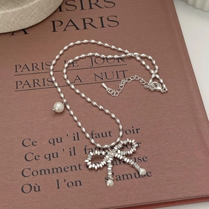 Silver Tone Bow Artificial Pearl Necklace For Women Korean Style Bowknot Pendant Olive Bead Chain Elegant Choker Clavicle Jewelry