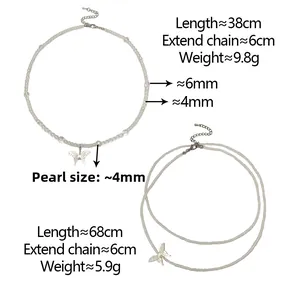 Detailed size chart for butterfly pendant pearl necklaces showing lengths and weights