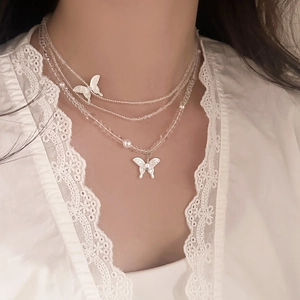 Elegant Butterfly Beaded Necklace With Glass Crystal And Artificial Pearl Multi Layer Jewelry For Women Girls