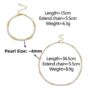Détail de l'ensemble collier et bracelet en perles 4mm avec fermoirs métalliques dorés