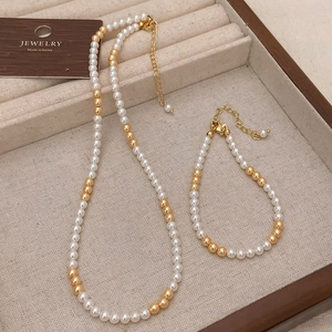 Parure collier et bracelet en perles de style vintage français avec perles dorées