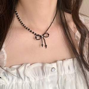 Black Crystal Bead Choker Necklace With Bowknot Pendant Silver Plated Tassel Fringe Clavicle Chain For Women Vintage Style