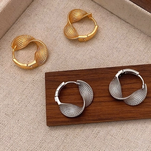Boucles D'oreilles Créoles Torsadées Texture Maille Tissée Métal Minimaliste Rétro Pour Femmes Bijoux Design De Niche