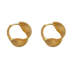 Elegant gold Mobius hoop earrings with a sophisticated twisted mesh texture finish