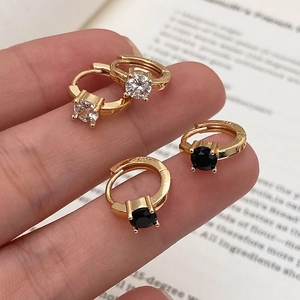 Elegant S925 sterling silver gold-plated hoop earrings with black and white zircon stones