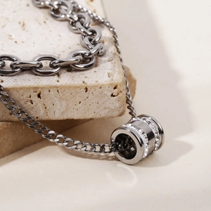 Double-layered hip hop stainless steel necklace with sparkling crystal cylinder pendant
