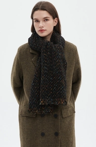 Close-up of black speckled knit scarf with colorful neps worn with an olive wool coat